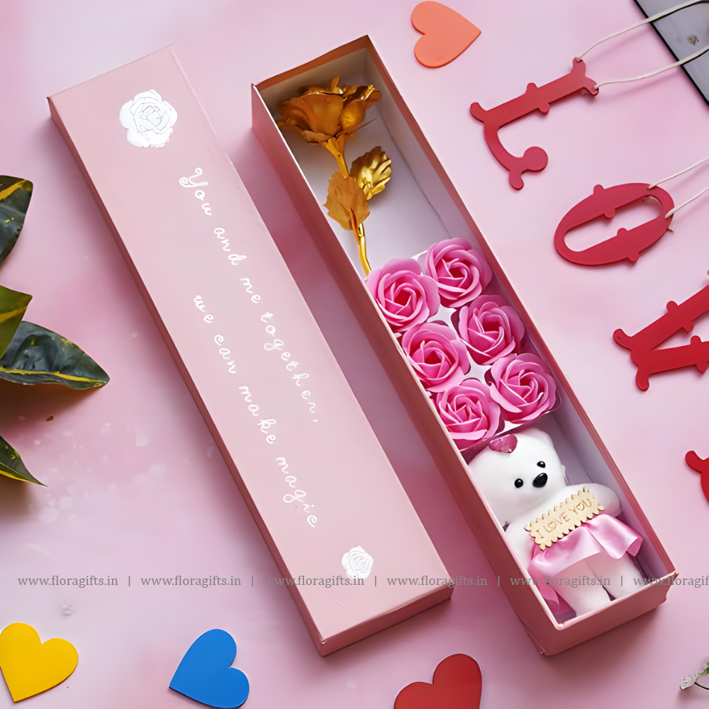 Valentine Gift Golden Rose Pink Rose Flowers Teddy Bear